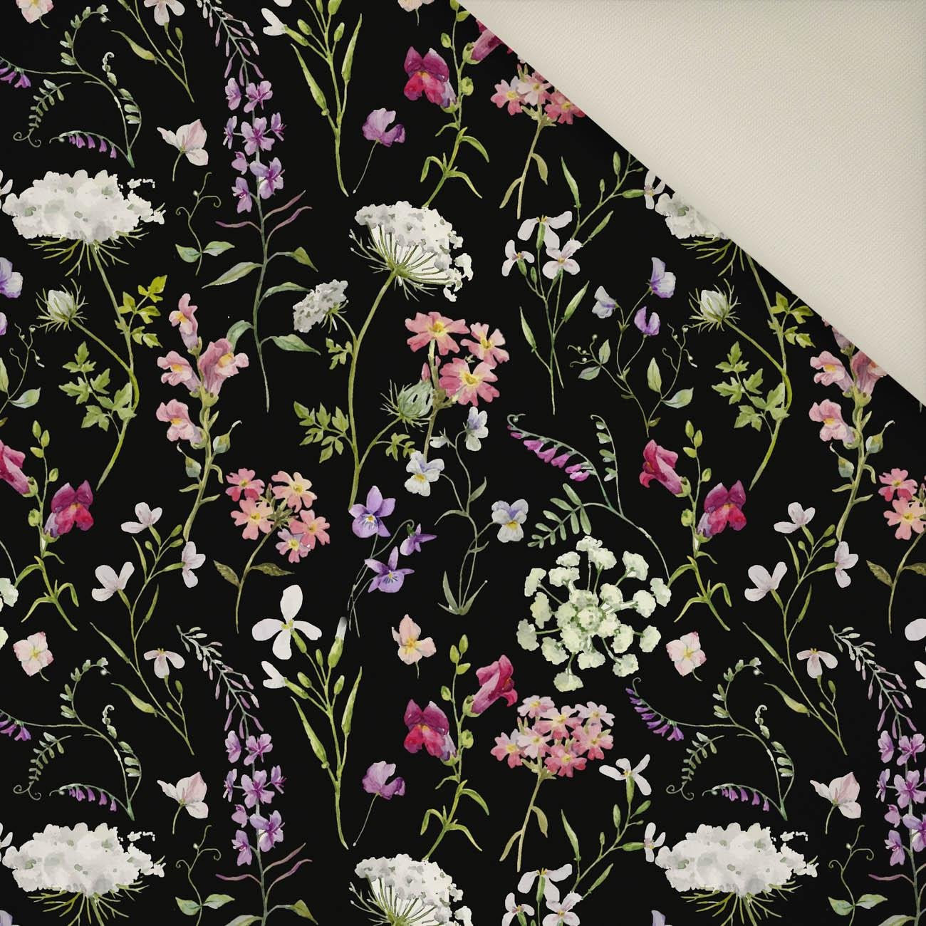PASTELOWE KWIATY / czarny- Welur tapicerski