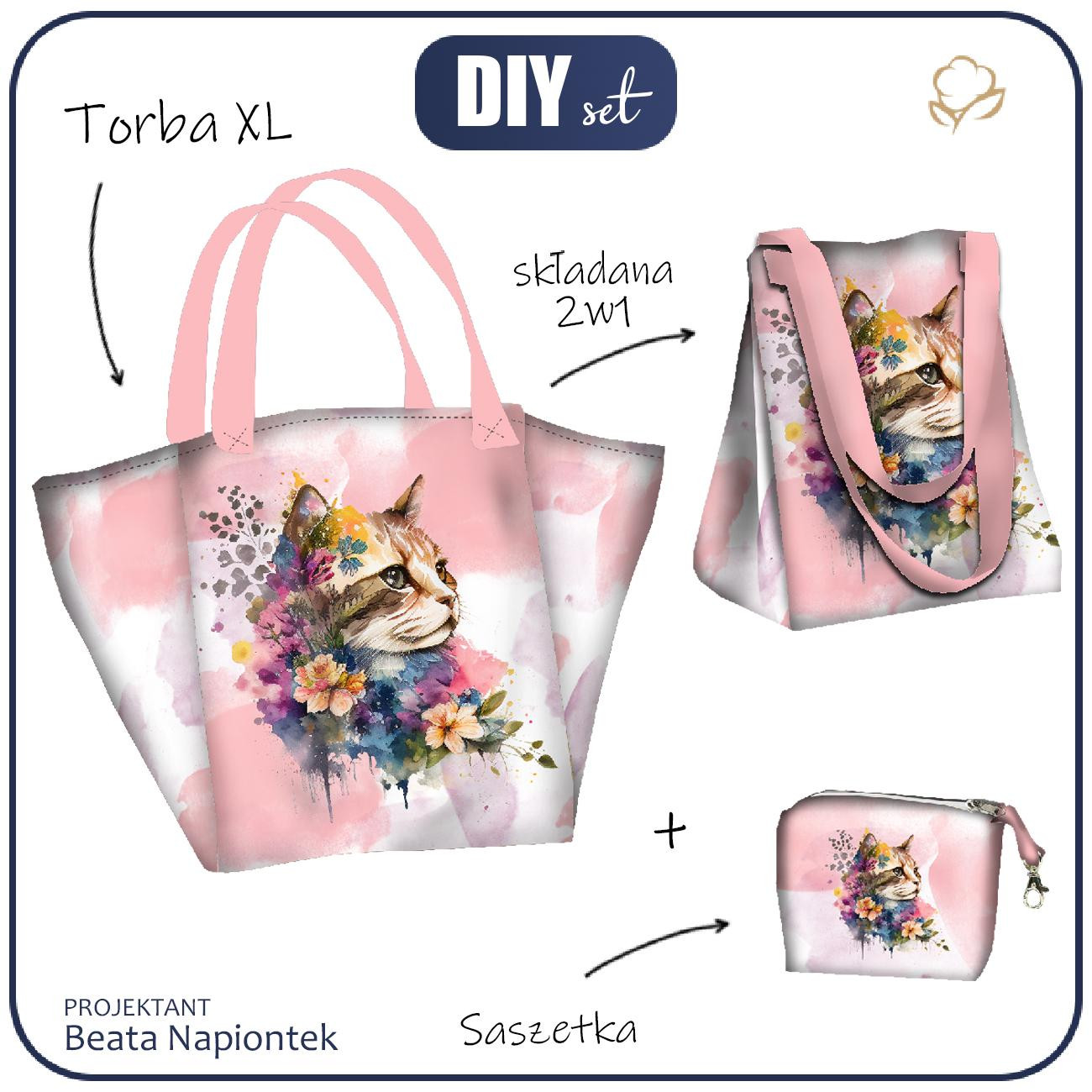 Torba XL z saszetką 2 w 1 - WATERCOLOR CAT WZ. 1 - zestaw do uszycia