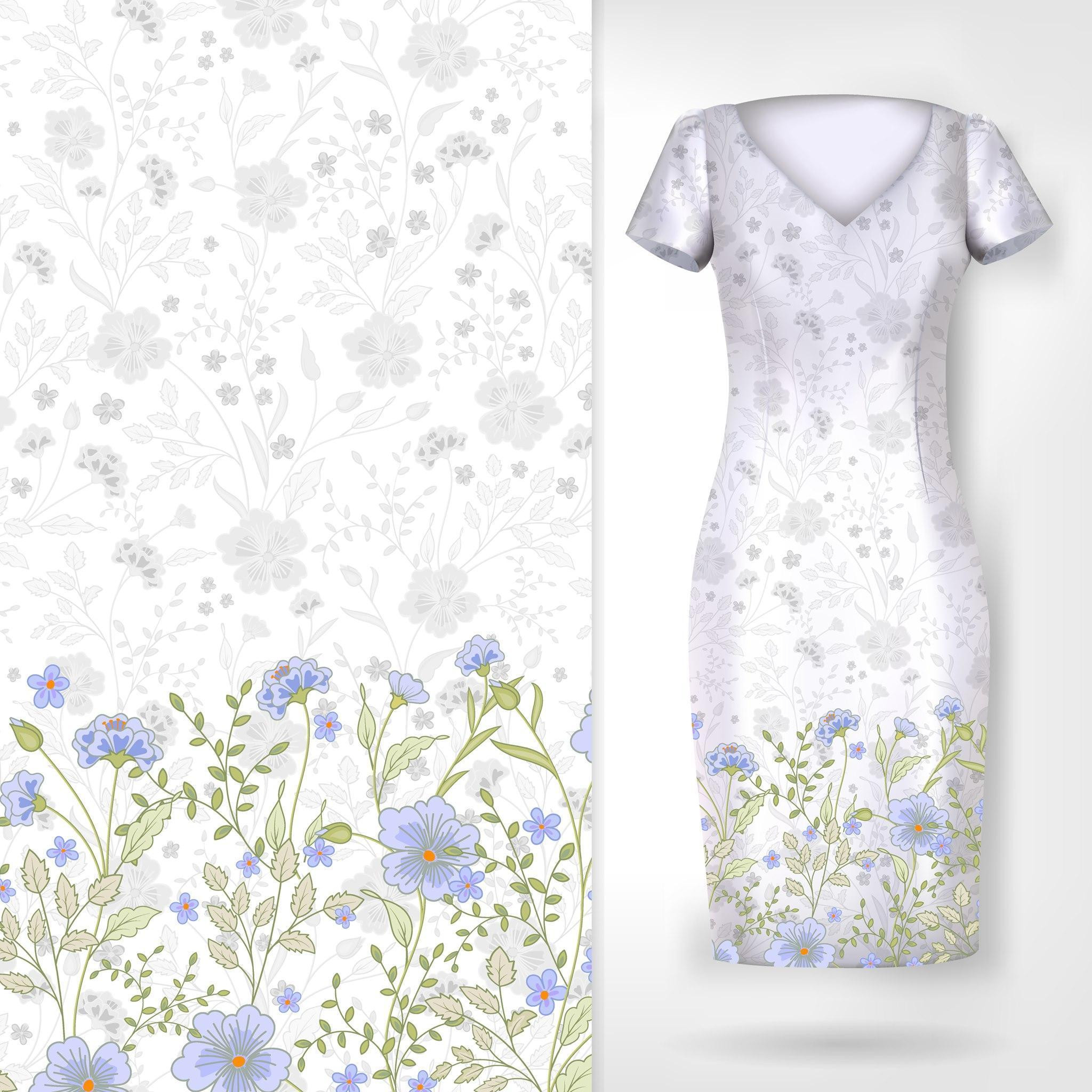 KWIATY (wzór 5 zielony) / biały - panel sukienkowy Len 100%