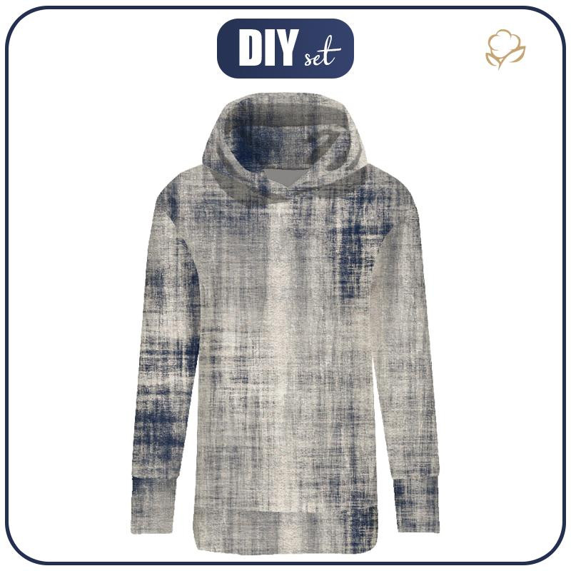 BLUZA DAMSKA (MEGI) DŁUGA Z KAPTUREM - ACID WASH WZ. 2 / NAVY -  dzianina pętelkowa