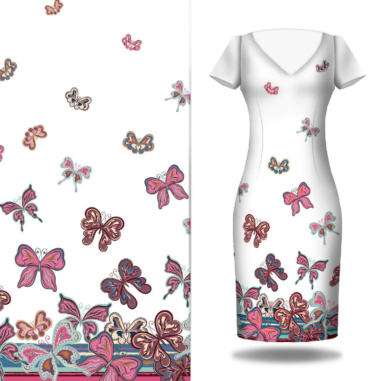 MOTYLE (wzór 1 różowy) / biały - panel sukienkowy Len 100%