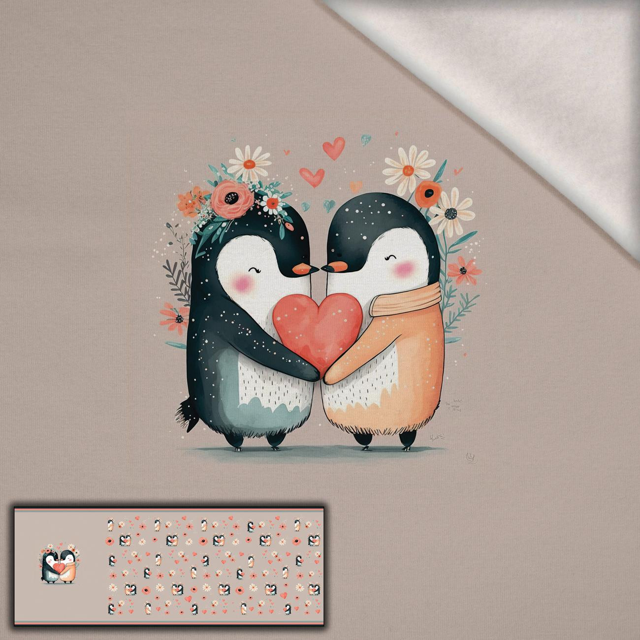 PENGUINS IN LOVE - panel panoramiczny dzianina drapana z elastanem ITY (60cm x 155cm)