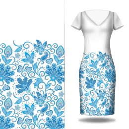 KWIATY (wzór 2 błękitny) / biały - panel sukienkowy Len 100%