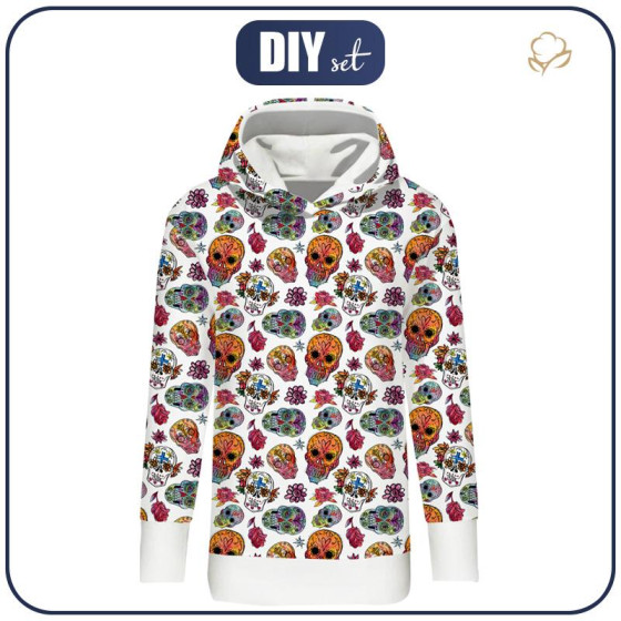 BLUZA DAMSKA (MEGI) - DŁUGA Z KAPTUREM - CZACHY wz. 3 / biały (DIA DE LOS MUERTOS) - dzianina pętelkowa