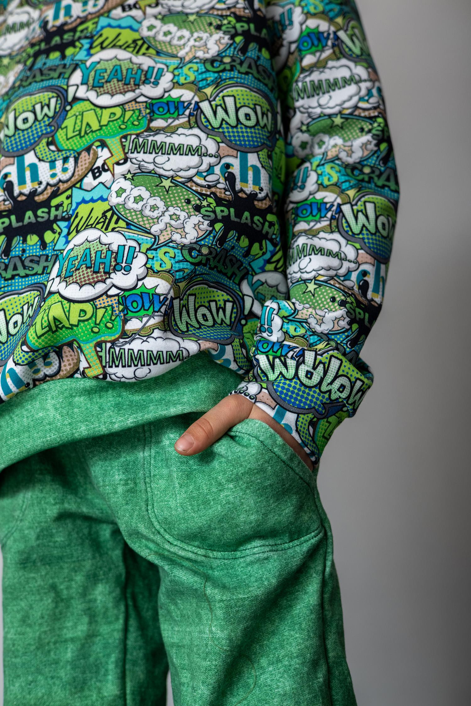 Children's tracksuit (OSLO) - COMIC BOOK (green - blue) - looped knit fabric 