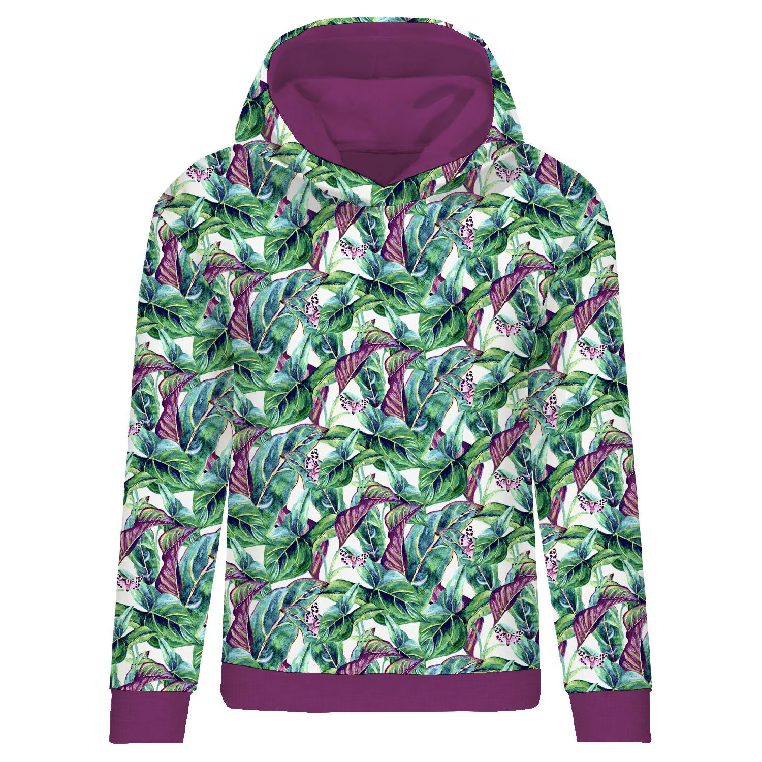 CLASSIC WOMEN’S HOODIE (POLA) - MINI LEAVES AND INSECTS PAT. 1 (TROPICAL NATURE) / white - looped knit fabric 