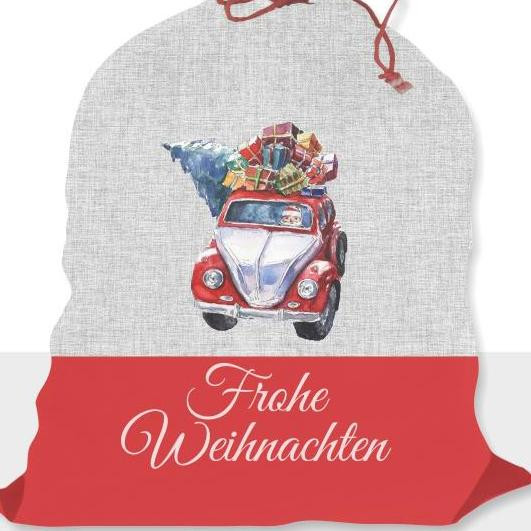 SANTA’S CART - FROHE WEIHNACHTEN - acid wash grey - Cotton woven fabric panel (30 x 50 cm ) 