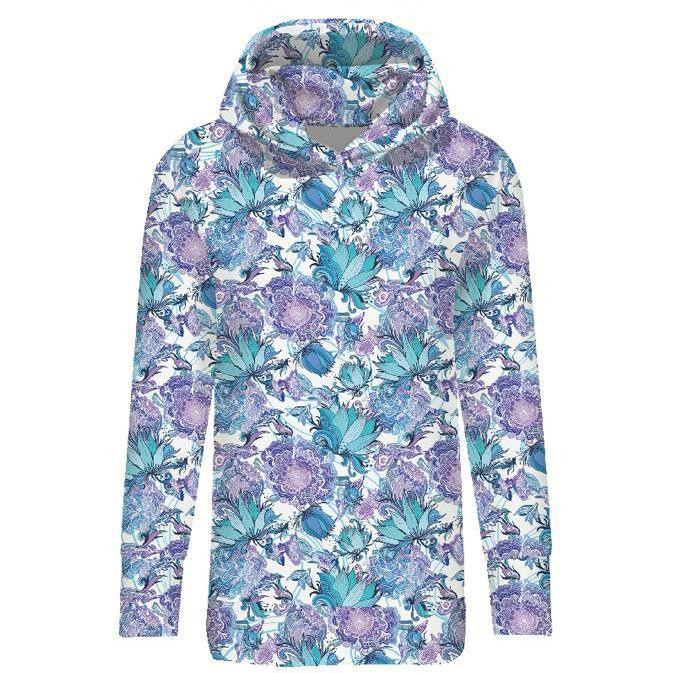 LONG WOMEN’S HOODIE - FROZEN GARDEN - looped knit fabric 