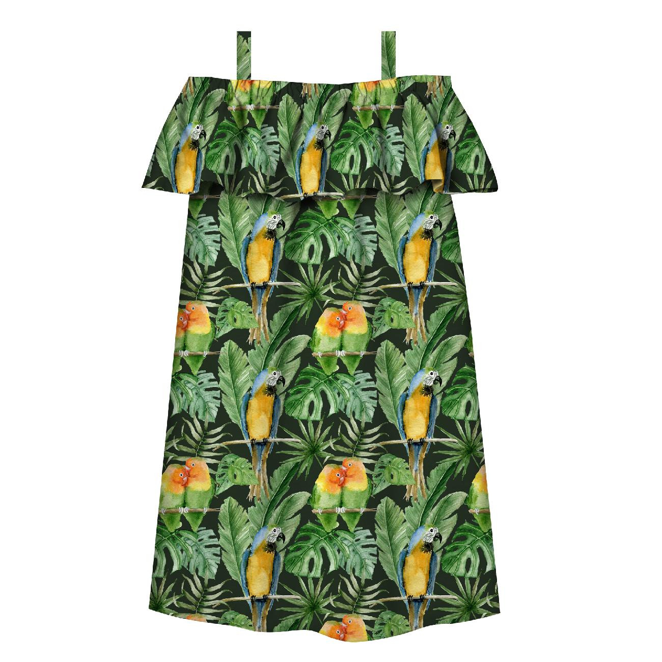 Bardot neckline dress (LILI) - PARROTS pat. 2 / black (JUNGLE) - sewing set