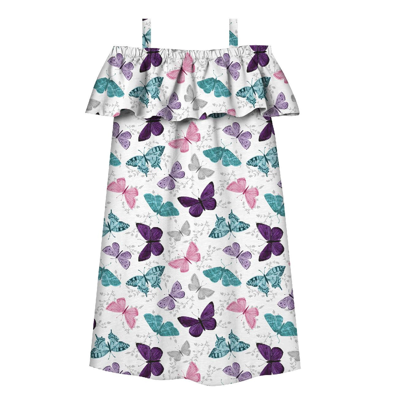 Bardot neckline dress (LILI) - BUTTERFLIES PAT. 5 / white  (PURPLE BUTTERFLIES) - sewing set