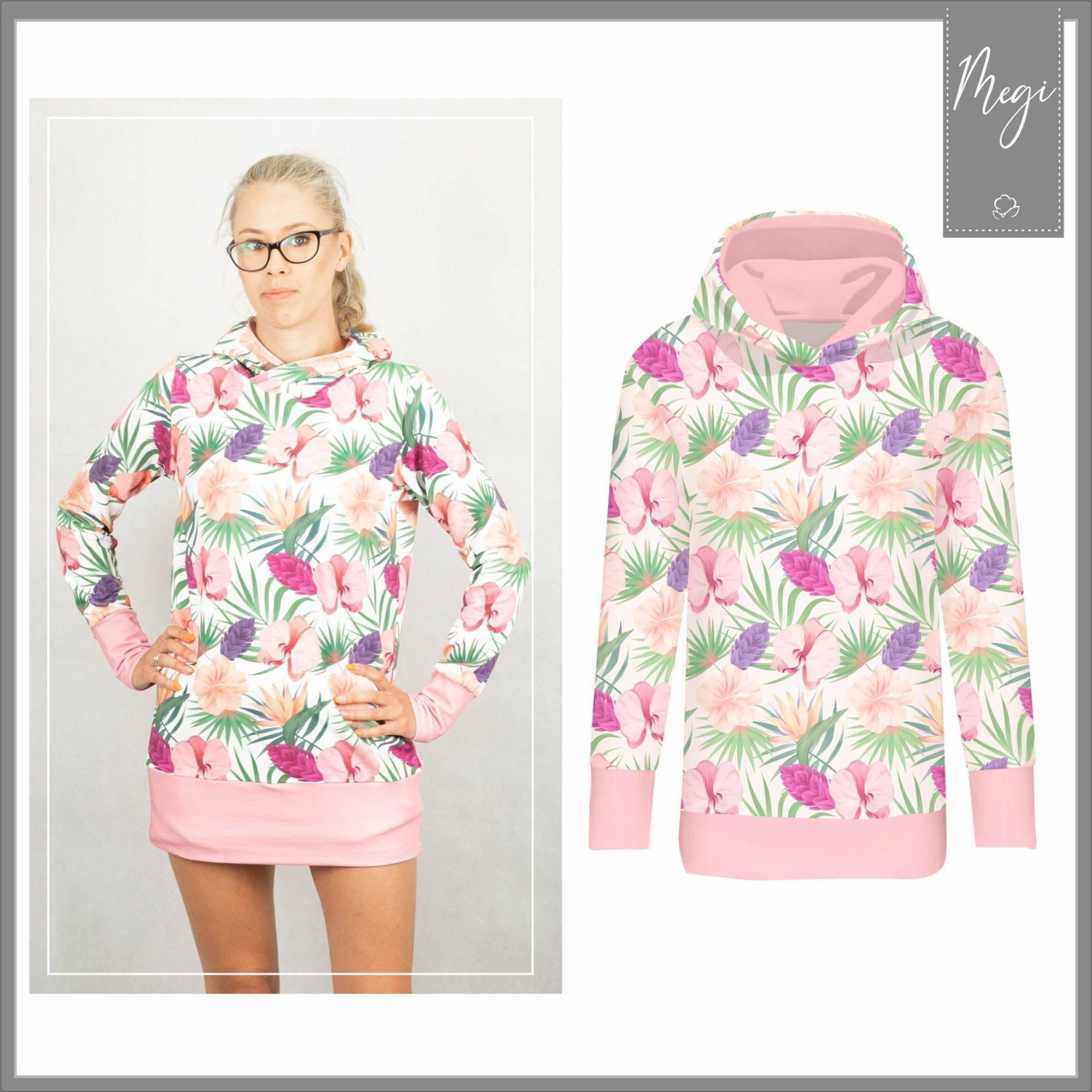 LONG WOMEN’S HOODIE (MEGI) - HUMMINGBIRDS AND FLOWERS pat. 2 - looped knit fabric 