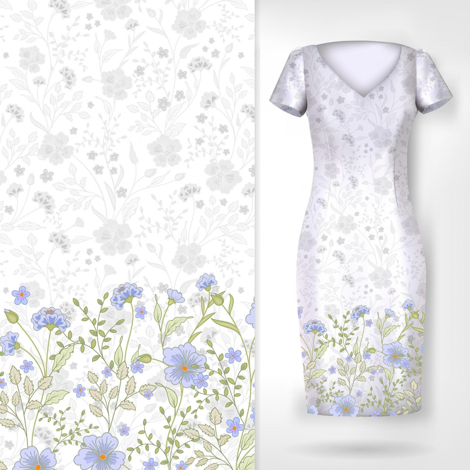 FLOWERS (pattern no. 5 green) / white - dress panel Cotton muslin