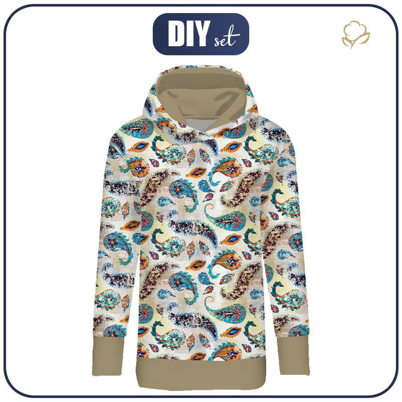 LONG WOMEN’S HOODIE (MEGI) - BOHO PAISLEY - looped knit fabric 