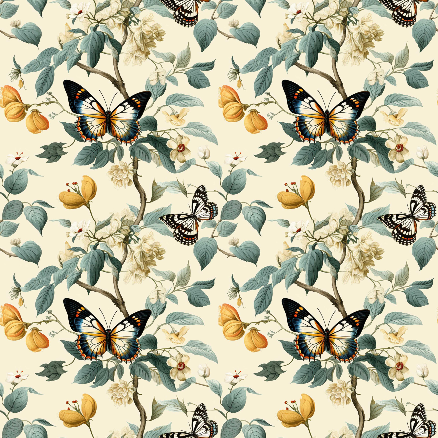 Butterfly & Flowers wz.2 (BUTTER YELLOW) - viscose woven fabric