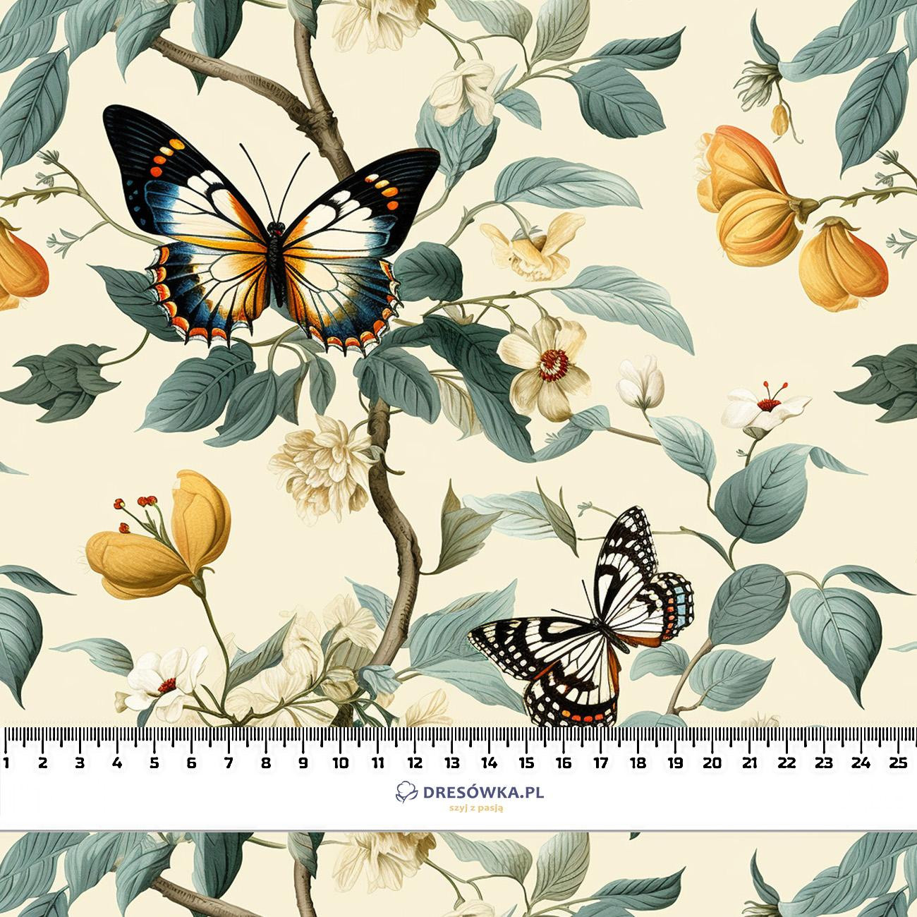 Butterfly & Flowers wz.2 - Linen 100%