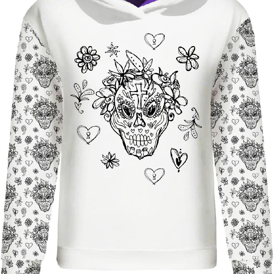 CLASSIC WOMEN’S HOODIE (POLA) - SKULLS CONTOUR pat. 2 (DIA DE LOS MUERTOS) - looped knit fabric 