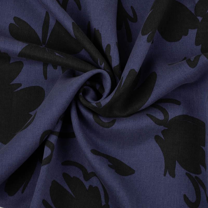 BLACK FLOWERS / dark blue - Lyocell woven fabric