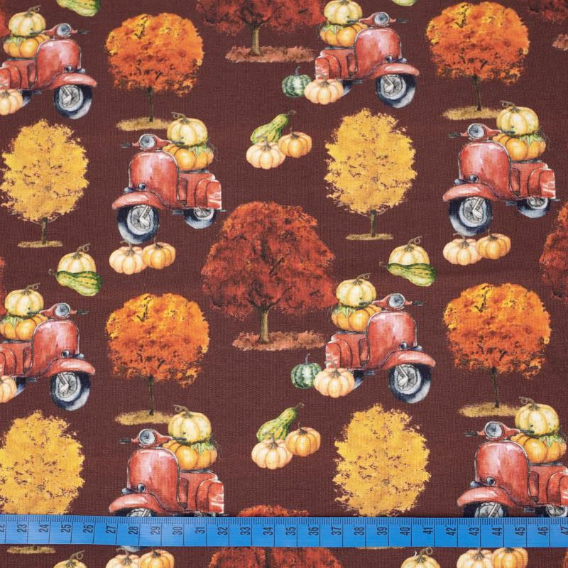 PUMPKINS ON THE SCOOTER (trees) / maroon (PUMPKIN GARDEN) - looped knit fabric