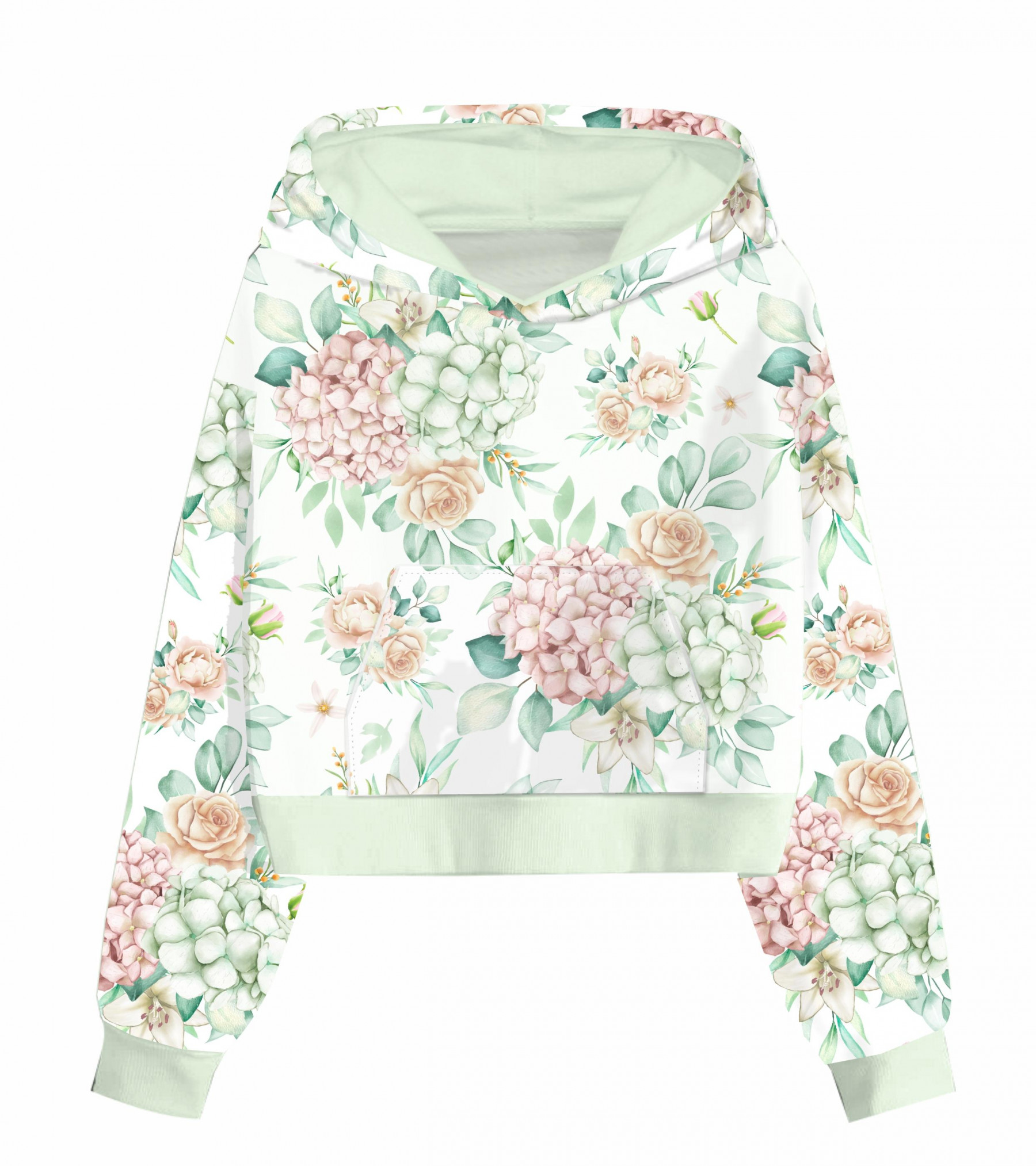 Cropped hoodie (IDA) - Hydrangeas / white - sewing set