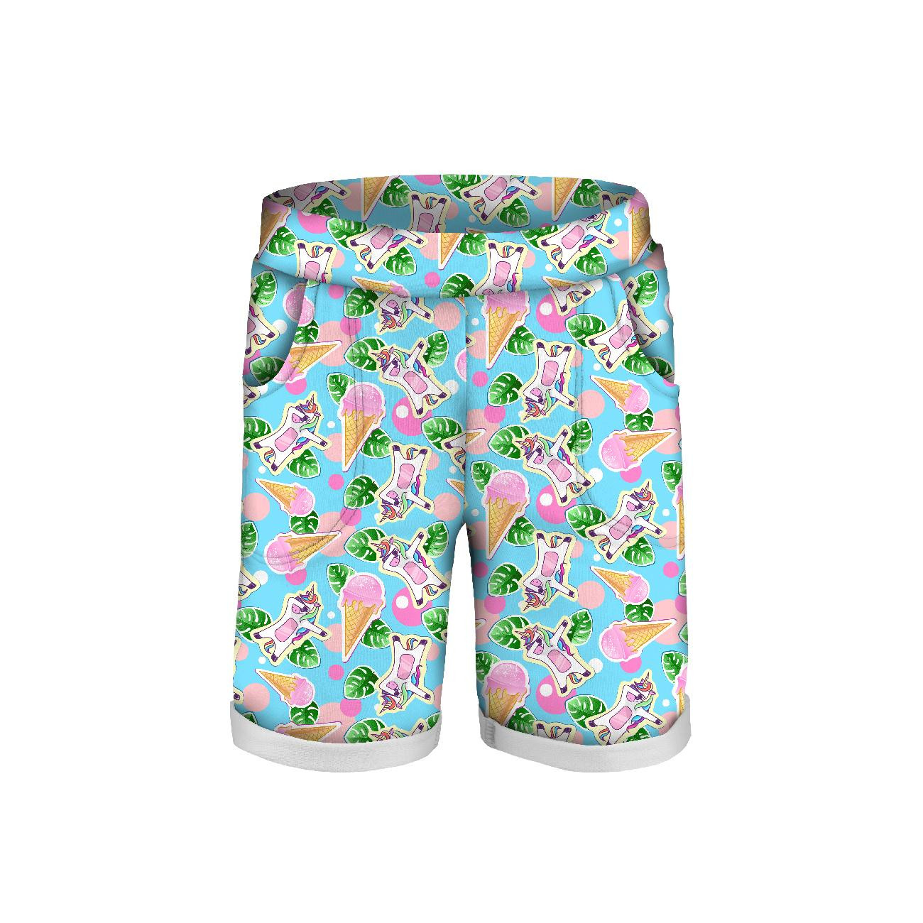 KID`S SHORTS (RIO) - UNICORNS AND ICE CREAM /  light blue - looped knit fabric 