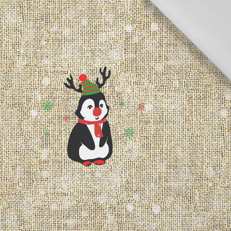 PENGUIN REINDEER / red - jute - Cotton woven fabric panel ( 30 x 50 cm )