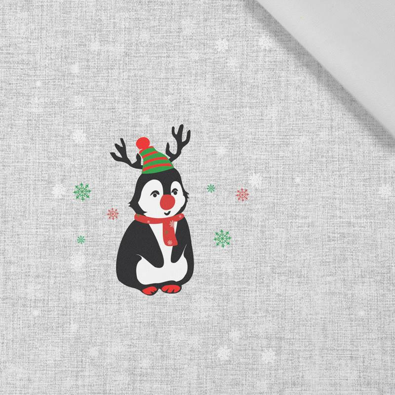 PENGUIN REINDEER / red - acid wash grey - Cotton woven fabric panel (30 x 50 cm )