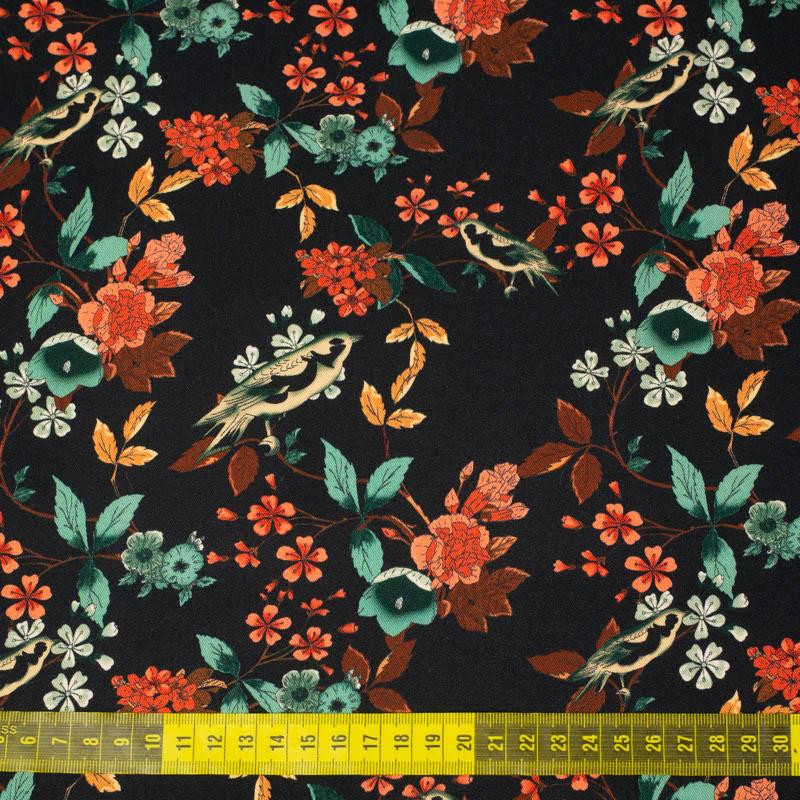 BIRDS WITH FLOWERS - viscose woven fabric