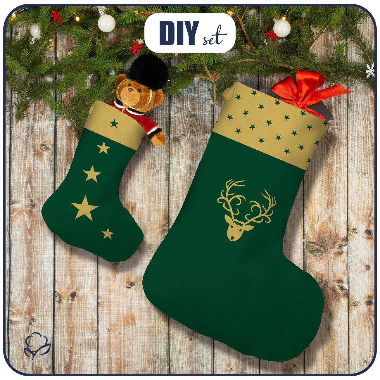 Christmas Stocking Set - GOLDEN REINDEER / green