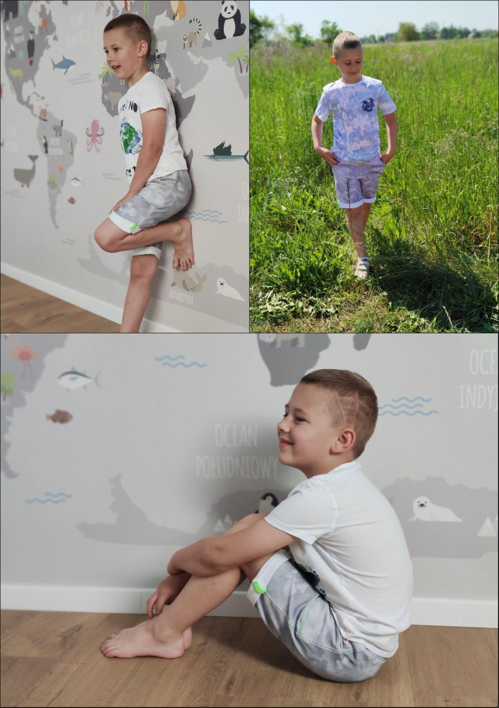KID`S SHORTS (RIO) - MINI KINGFISHERS AND LILACS (KINGFISHERS IN THE MEADOW) / white - looped knit fabric 