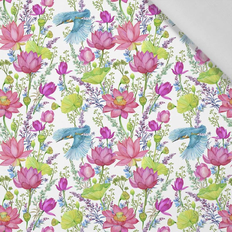 MINI KINGFISHERS AND POPPIES (KINGFISHERS IN THE MEADOW) / white - Cotton woven fabric