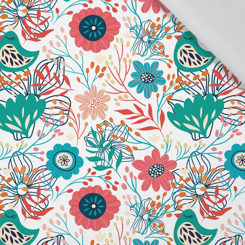 FOLK BIRDS / white - Cotton woven fabric