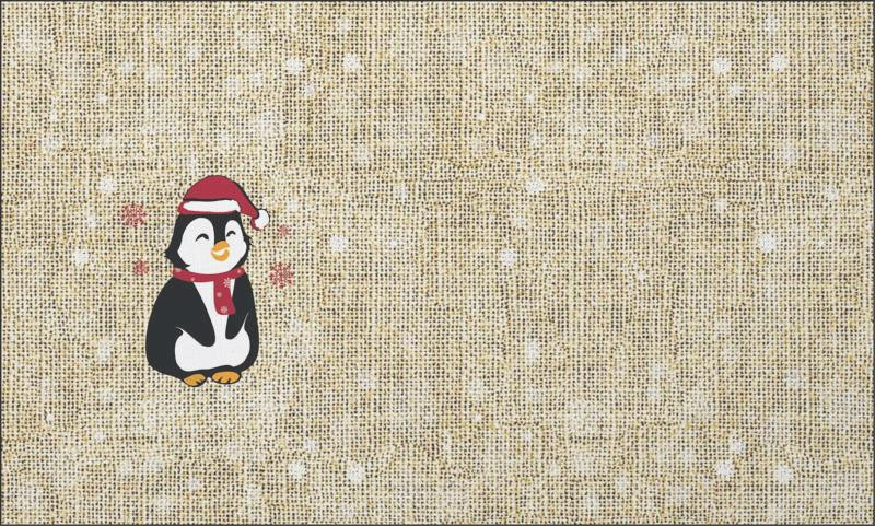 PENGUIN SANTA  / red - jute - Cotton woven fabric panel ( 45 x 75 cm )