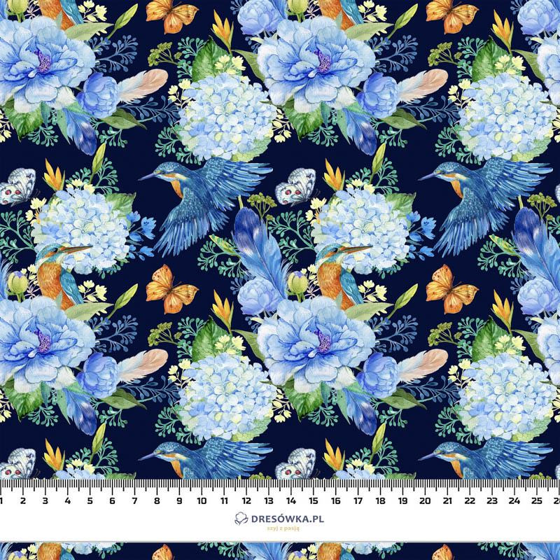 MINI KINGFISHERS AND LILACS (KINGFISHERS IN THE MEADOW) / navy - Waterproof woven fabric