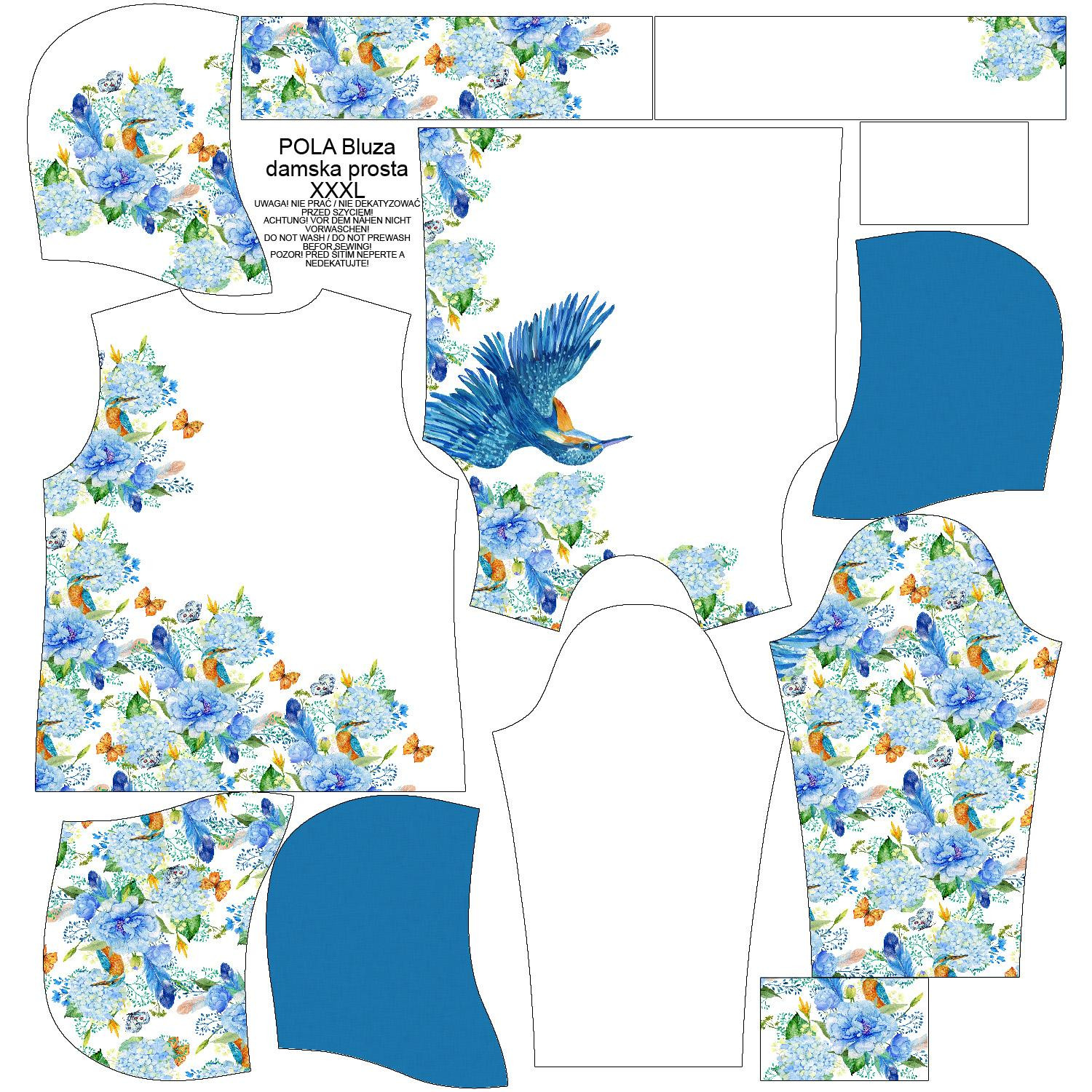CLASSIC WOMEN’S HOODIE (POLA) - KINGFISHERS AND LILACS (KINGFISHERS IN THE MEADOW) / white - looped knit fabric 