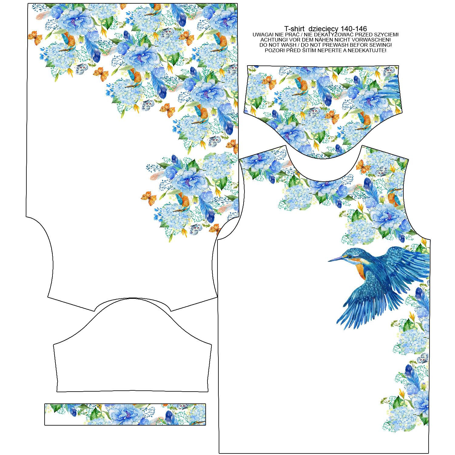 KID’S T-SHIRT - KINGFISHERS AND LILACS (KINGFISHERS IN THE MEADOW) / white - single jersey