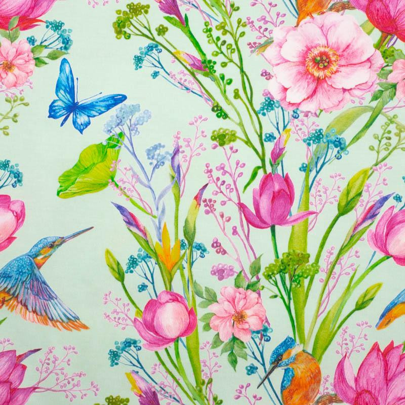 KINGFISHERS AND BUTTERFLIES (KINGFISHERS IN THE MEADOW) / mint - single jersey with elastane 