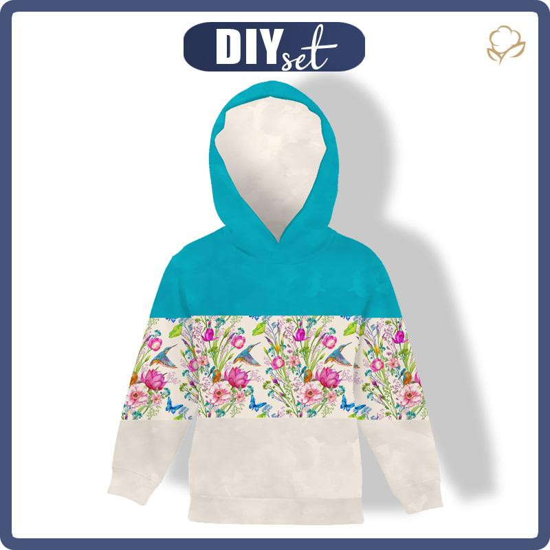 KID'S HOODIE (ALEX) - KINGFISHERS (KINGFISHERS IN THE MEADOW) / STRIPES - sewing set