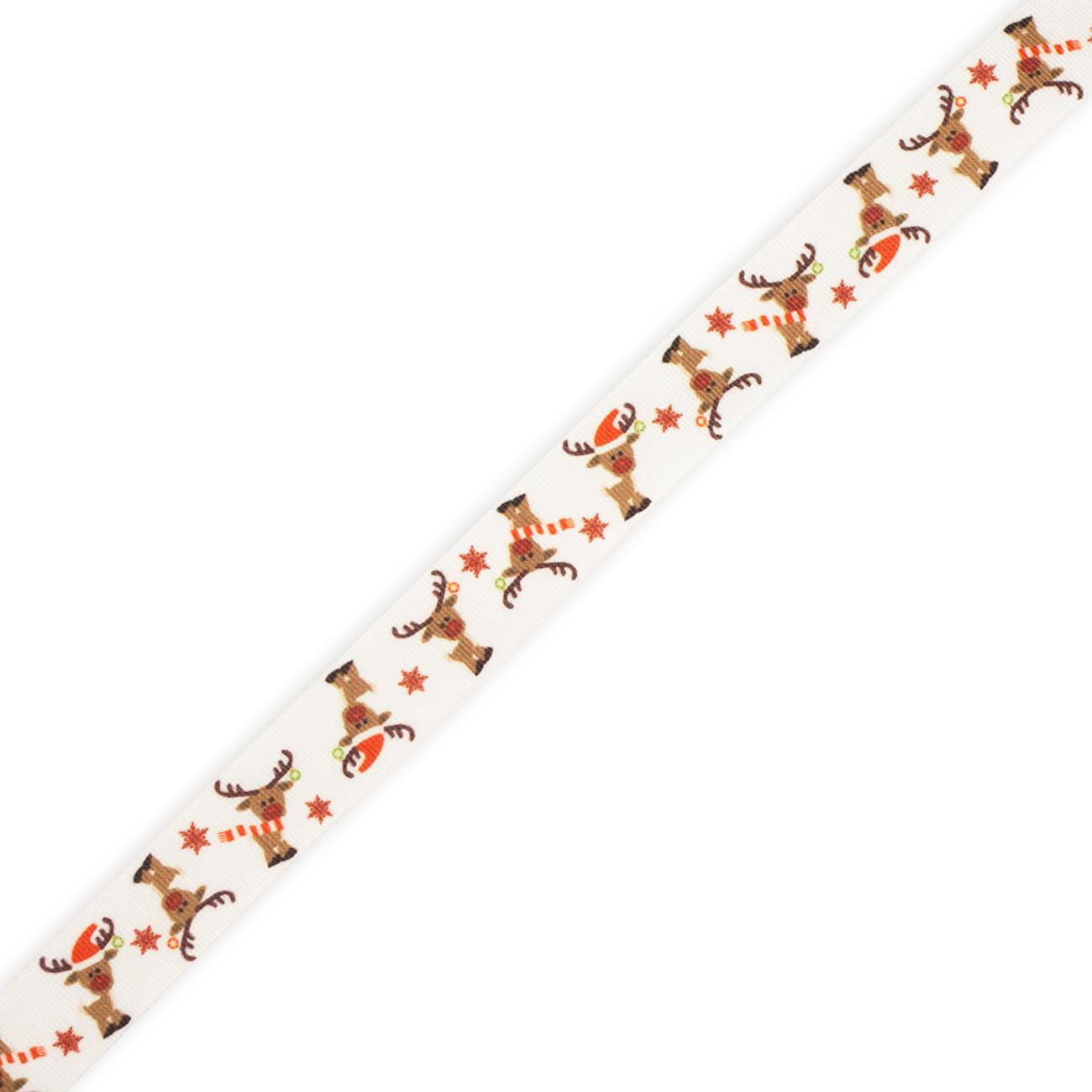 Grosgrain tape 15 mm REINDEER AND STARS - white