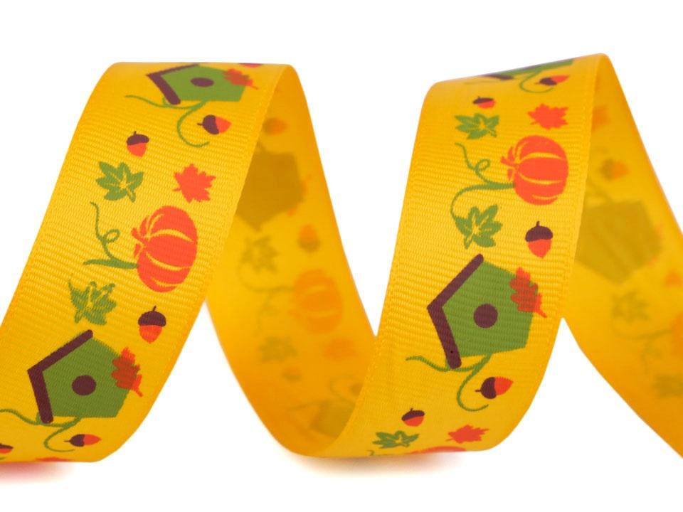 Grosgrain ribbon 25 mm pumpkin and house - canary yellow