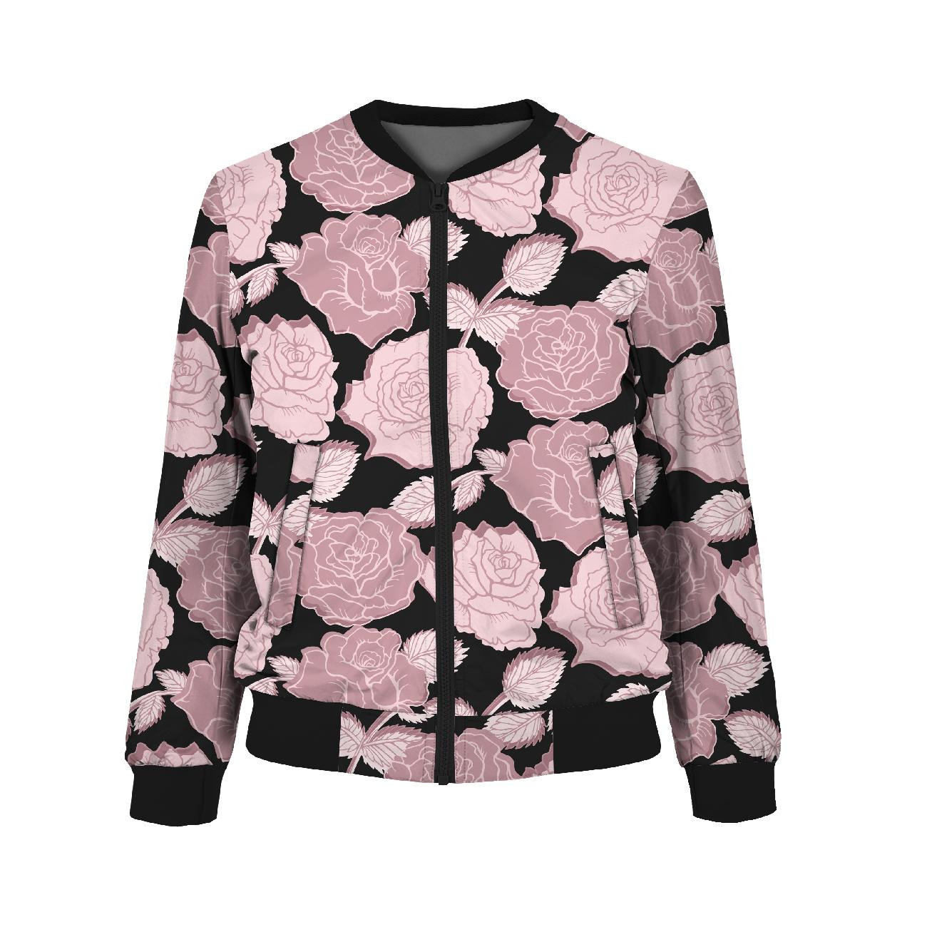 WOMEN’S BOMBER JACKET (KAMA) - PINK ROSES PAT. 5 / black - sewing set