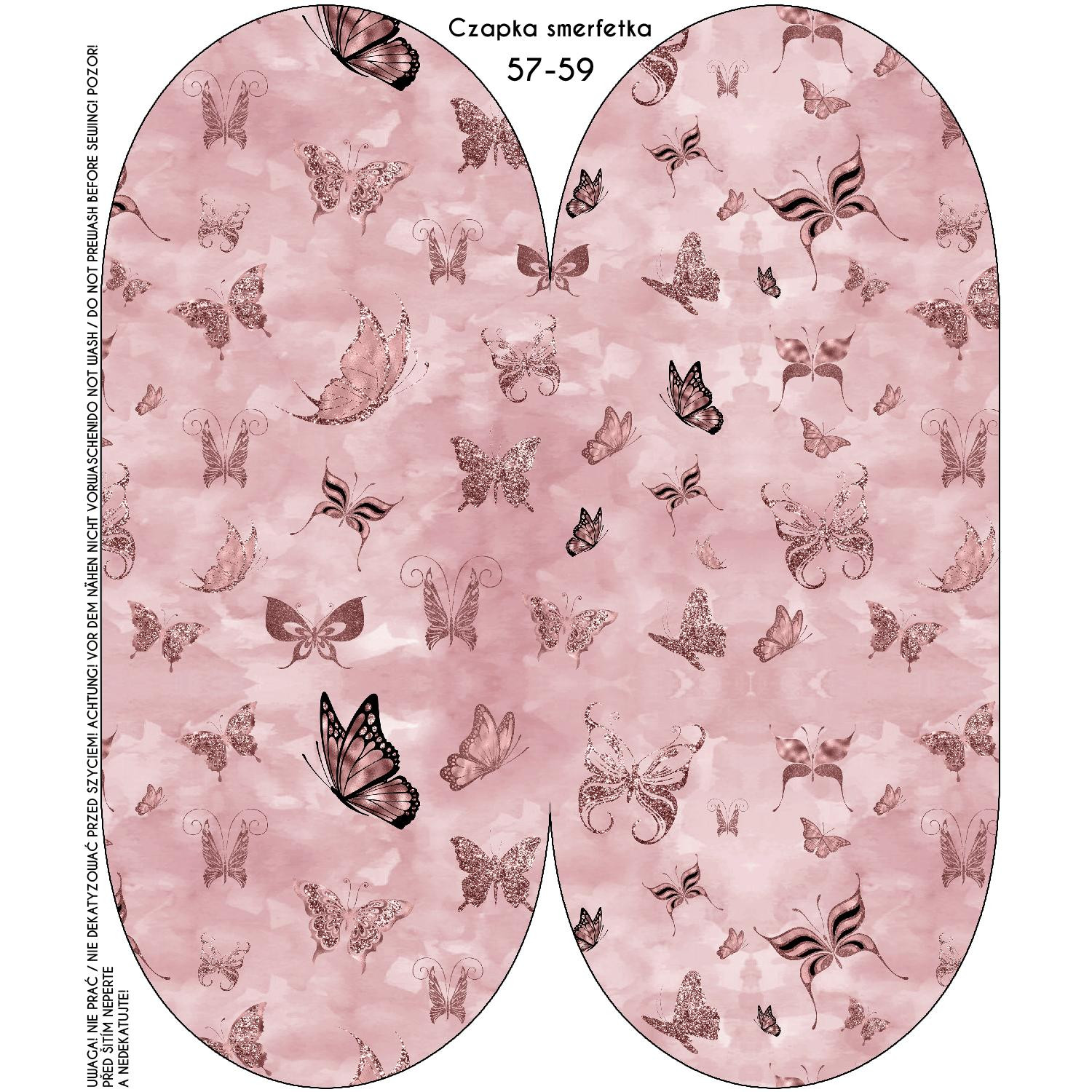 "Beanie" cap - BUTTERFLIES (GLITTER BUTTERFLIES) / CAMOUFLAGE pat. 2 (rose quartz) / Choice of sizes