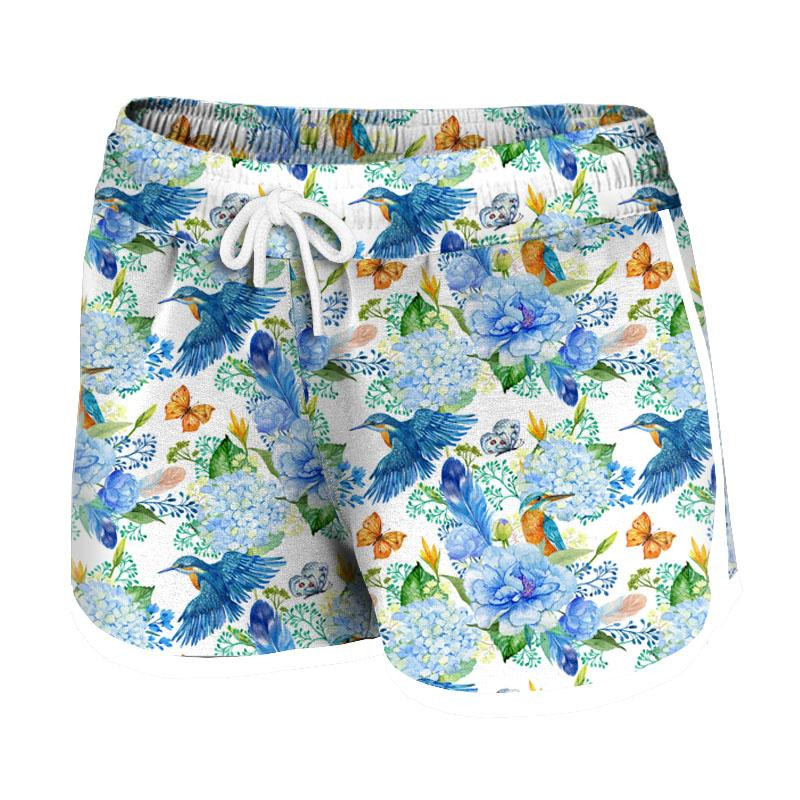 Women’s boardshorts - KINGFISHERS AND LILACS (KINGFISHERS IN THE MEADOW) / white - sewing set
