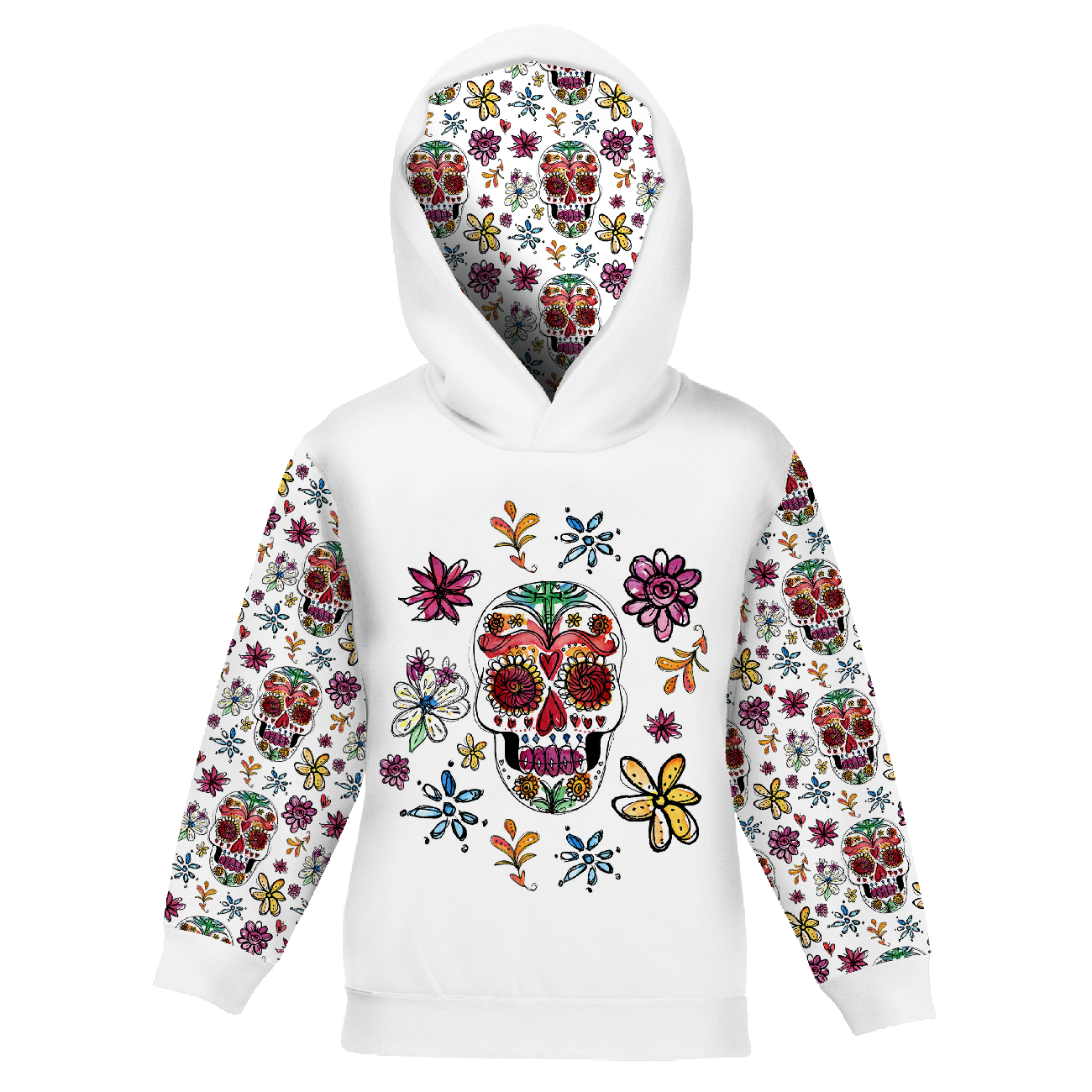 KID'S HOODIE (ALEX) - SKULLS pat. 2 / white (DIA DE LOS MUERTOS) - sewing set