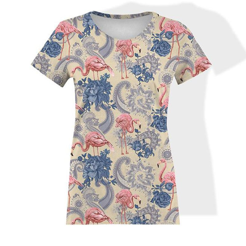 WOMEN’S T-SHIRT - FLAMINGOS AND ROSES / beige - single jersey 