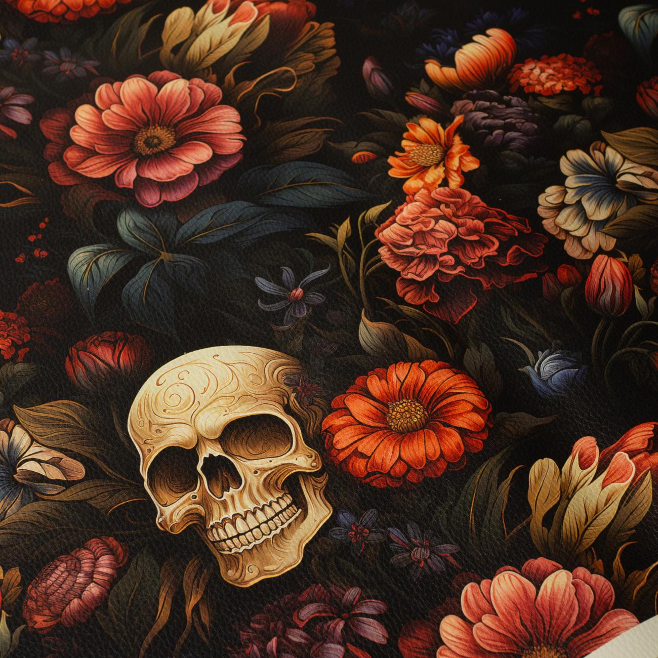 FLOWERS AND SKULL - thick pressed leatherette