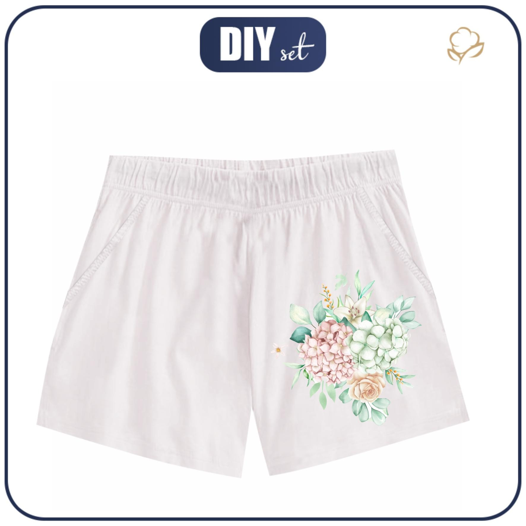 PAJAMAS-SHORTS "LINDA" - Hydrangeas / white - sewing set