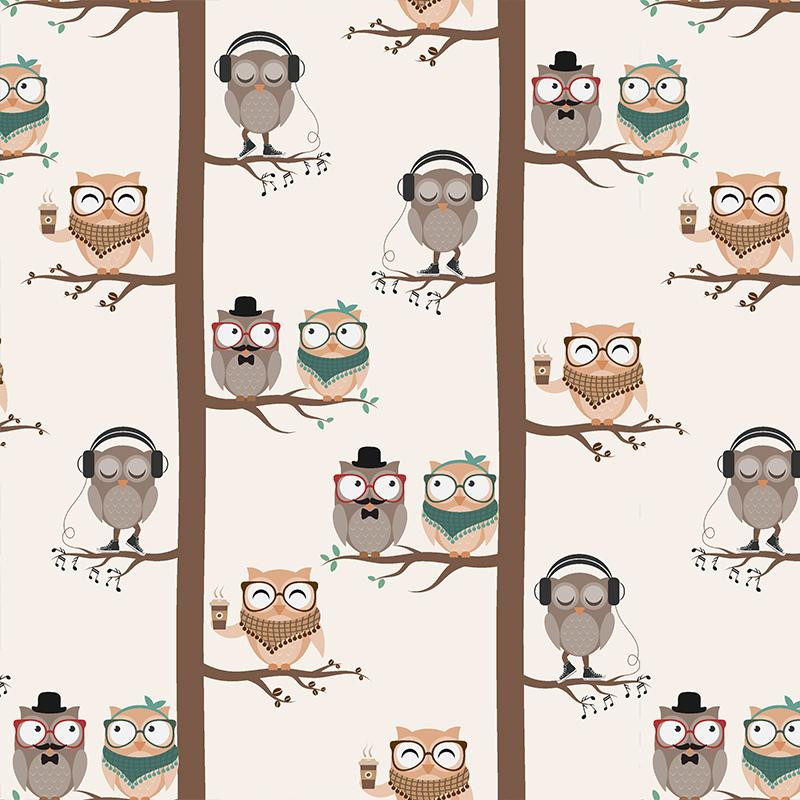 OWLS / beige - Cotton woven fabric