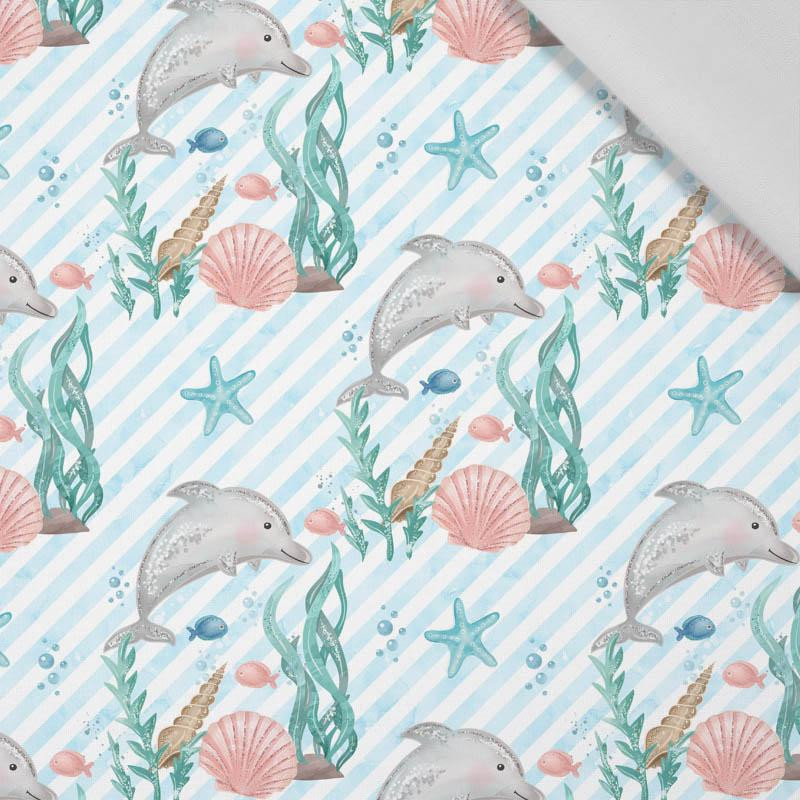 DOLPHINS / STRIPES (MAGICAL OCEAN) / aqua - Cotton woven fabric