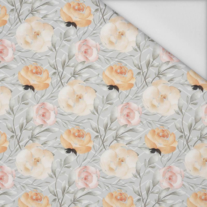 FLOWERS AND LEAVES pat. 7 / grey - Waterproof woven fabric