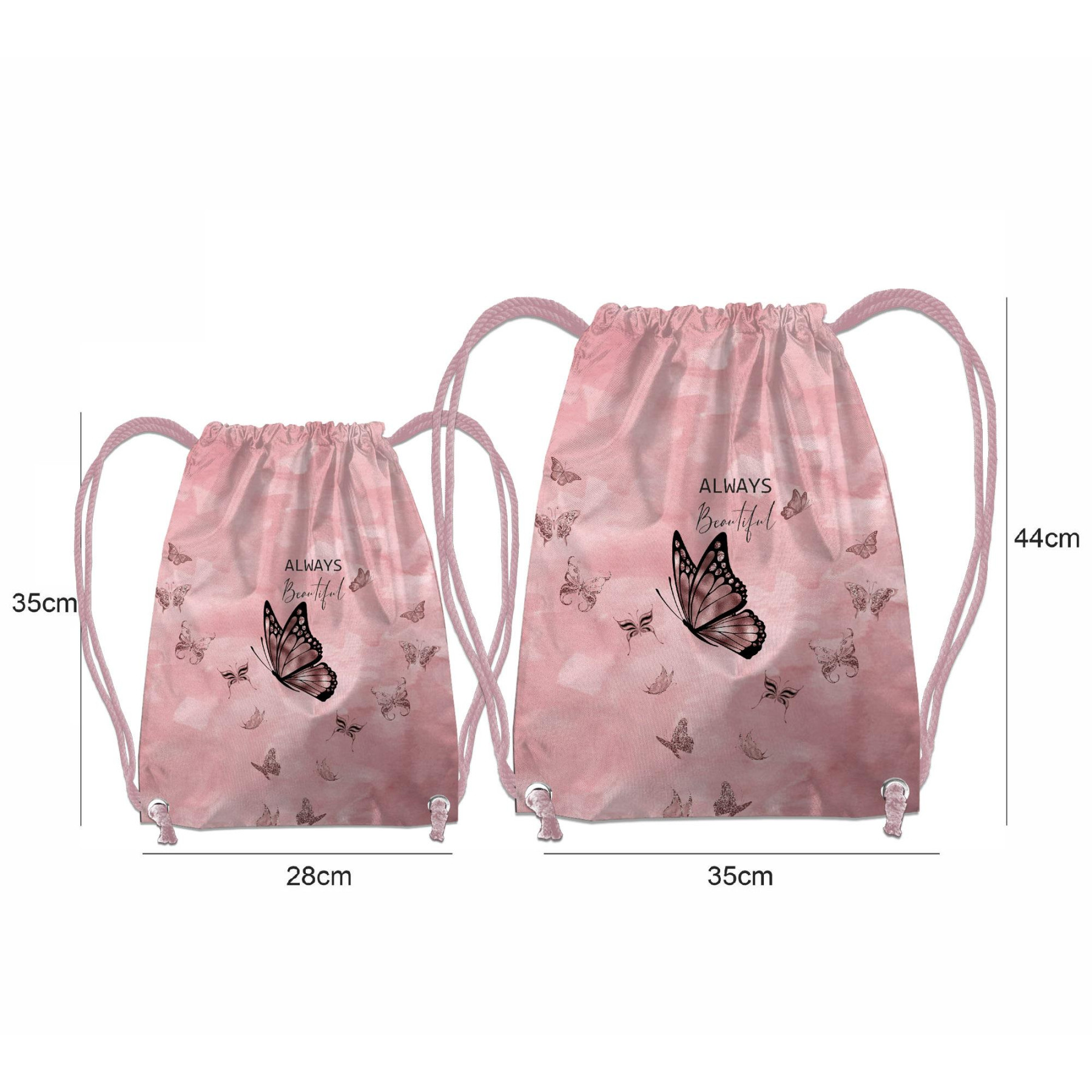 GYM BAG - ALWAYS BEAUTIFUL (GLITTER BUTTERFLIES) / CAMOUFLAGE pat. 2 (rose quartz) - sewing set